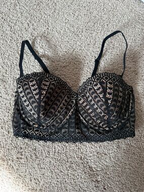 Adore Me Black Lace Longline Bra with Nude Lining